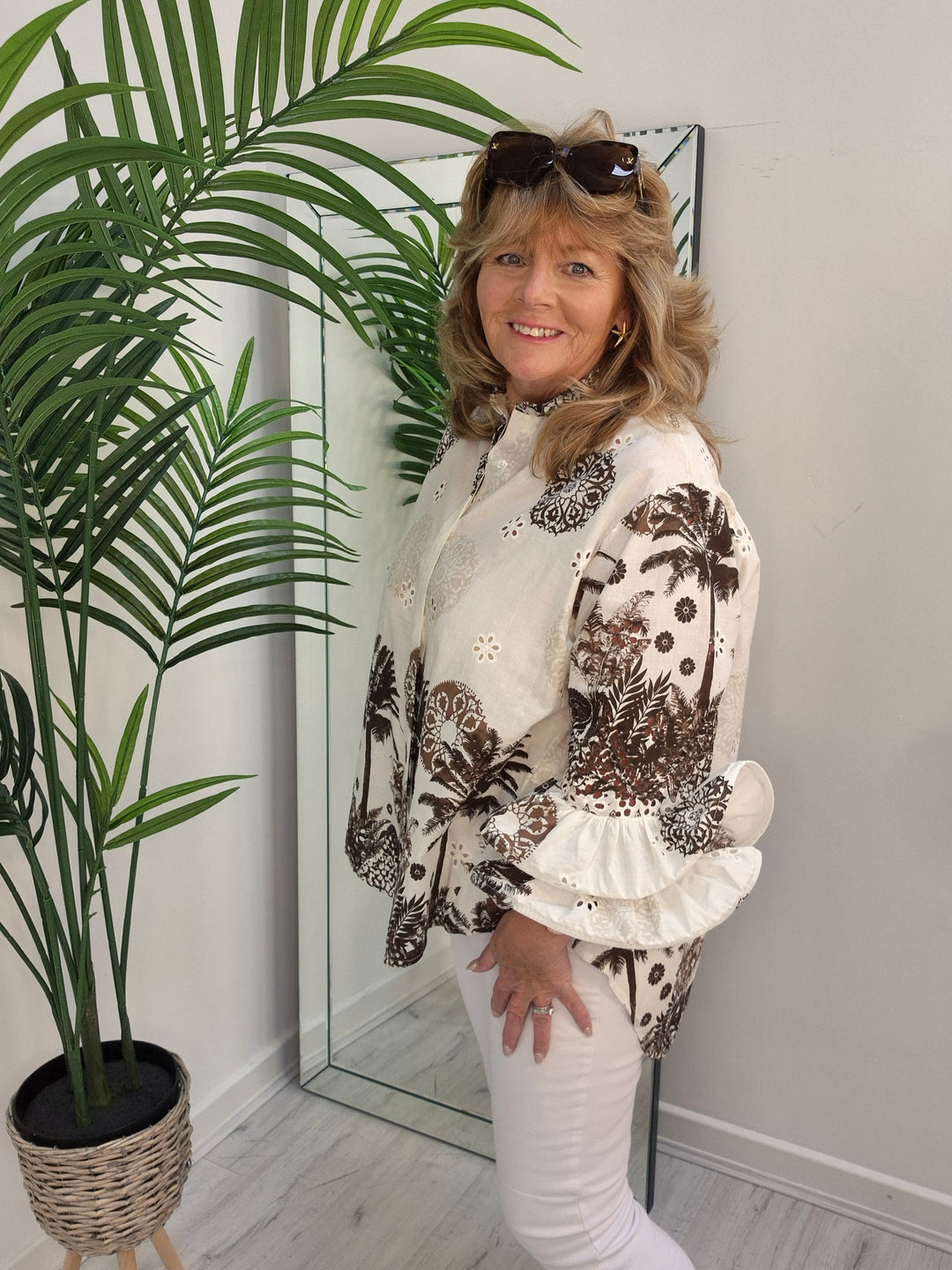 Zetta Otto Double Fluted Sleeve Blouse - White/ Chocolate - Palm (Oversized)