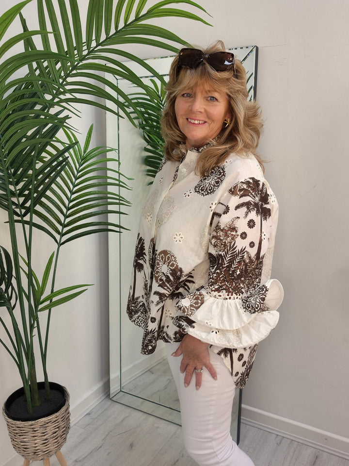 Zetta Otto Double Fluted Sleeve Blouse - White/ Chocolate - Palm (Oversized)