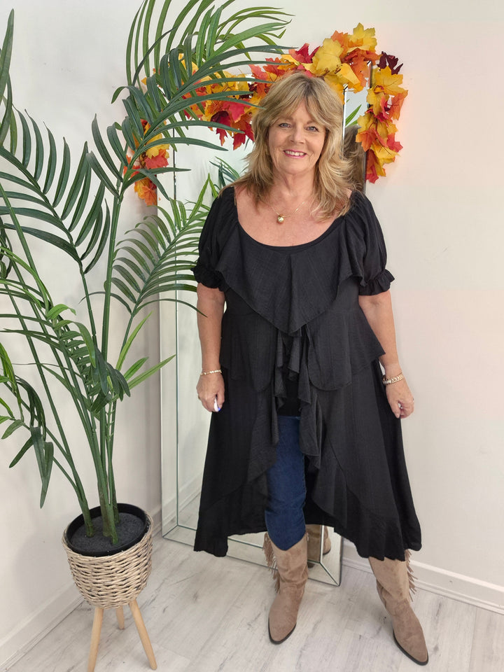 Rhea Ruffle Hi Lo Blouse - Black - One Size fits up to Size 16/18