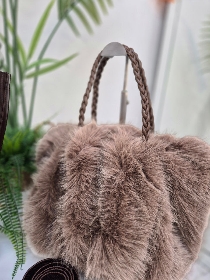 Oslo Faux Fur Bag with Dual Handles - Chocolate (Large Size)