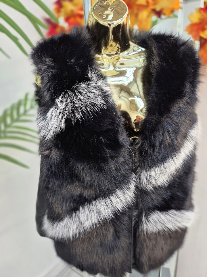 Oslo Faux Fur Two Tone Gilet with Crystal Fastenings - Black (One Size - fits up to Size 10 up to Size 16)