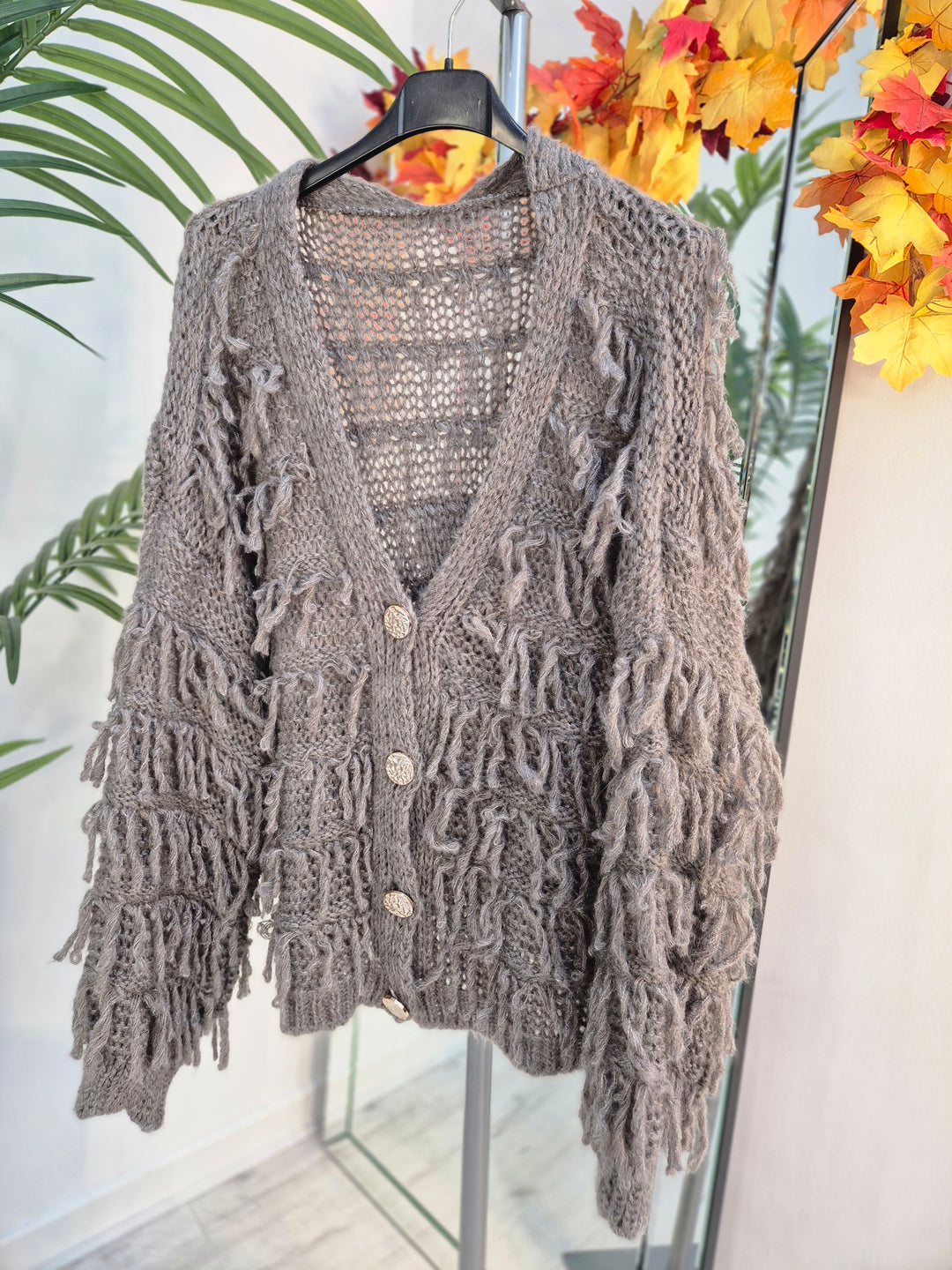 Shaggy Cardigan with Gold Buttons (Oversized) Long Length - Mocha
