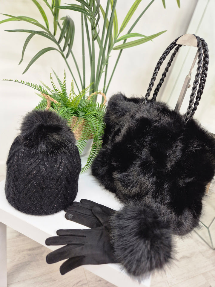 Oslo Fur Fur Pom Pom Hat with Gold Metallic Thread - Black