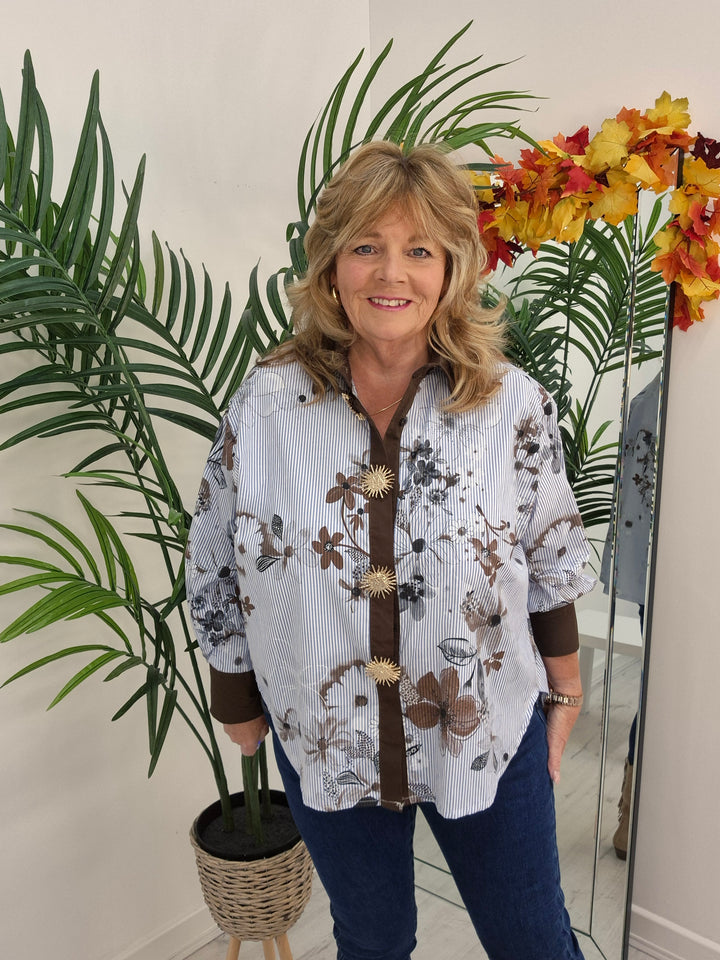 Zeta Otto Oversized Blouse - Blue/Chocolate (One Size - fits from Size 14 up to Size 18/20)