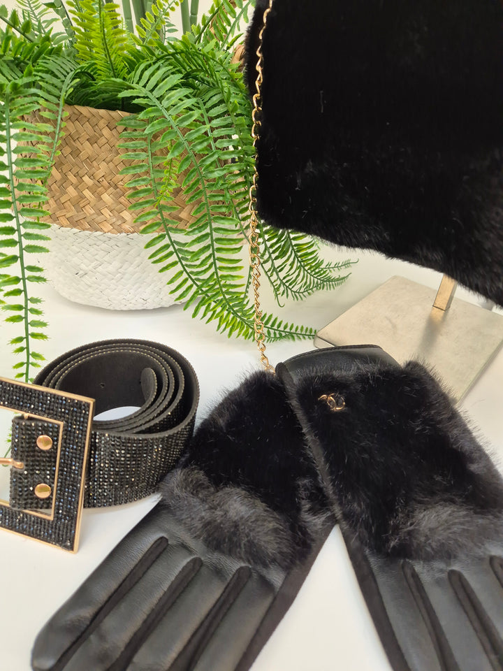 Oslo Gloves with Faux Leather & Faux Fur - Black with Gold Tone Logo