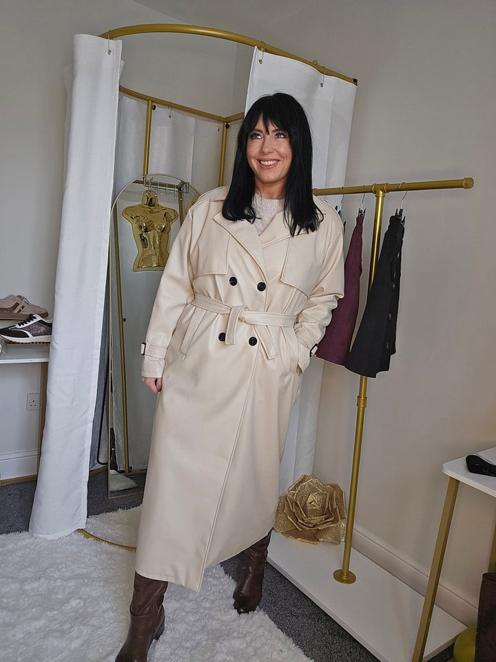 Sandringham PU Longline Trench Coat - Beige (One Size fits Size 10 up to Size 16)