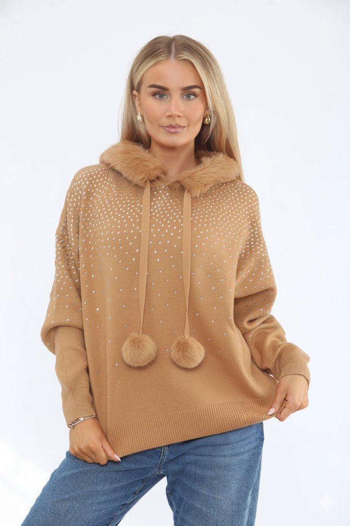 Oslo Faux Fur Sparkly Hoodie - Camel (One Size fits from Size 10/12 up to Size 16/18)