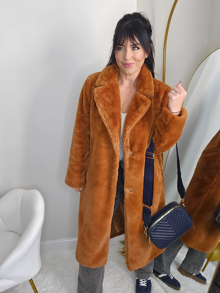 Oslo Faux Fur Longline Coat - Rust (One Size - fits from Size 10 up to Size 16)