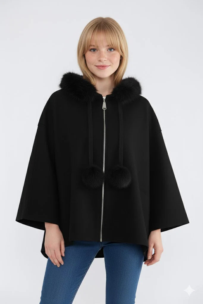 Oslo Faux Fur Hoodie/Cardigan/Jumper - Black (One Size fits from Size 12 up to Size 20)