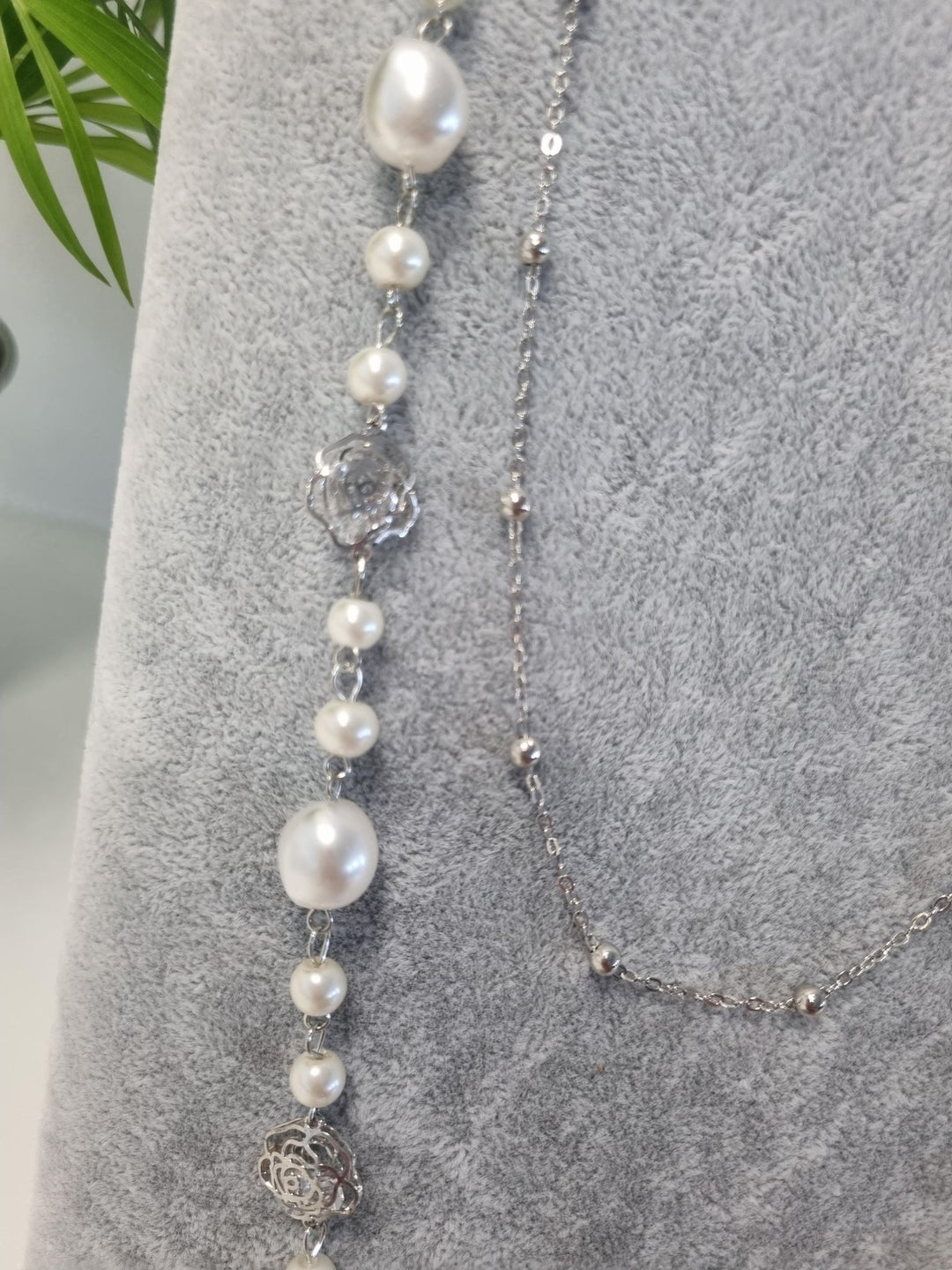 Pearl Necklace with Silver Camelia Flowers