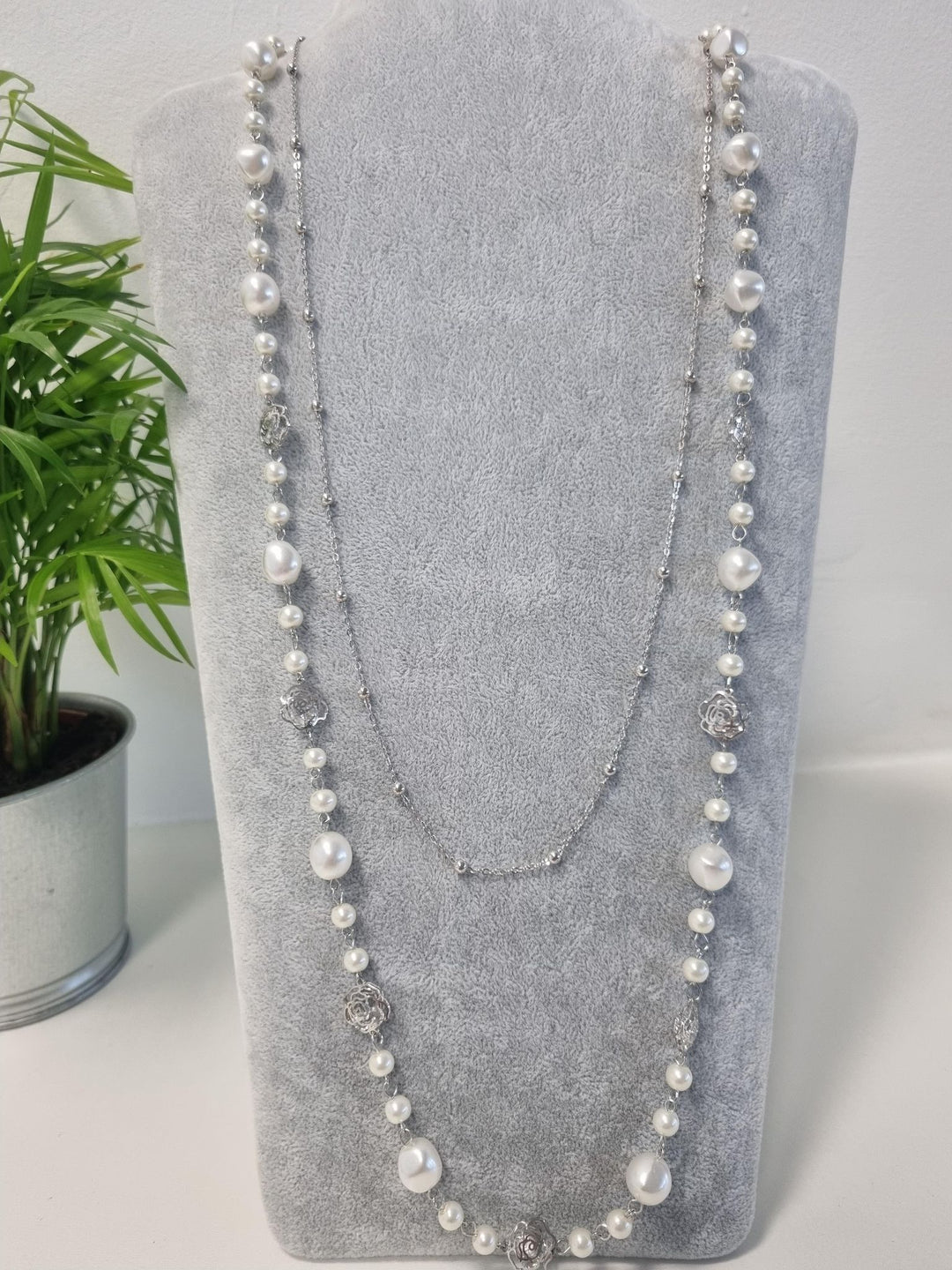 Pearl Necklace with Silver Camelia Flowers