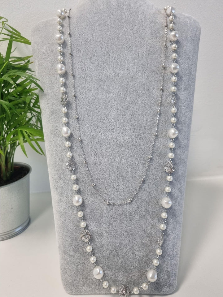 Pearl Necklace with Silver Camelia Flowers