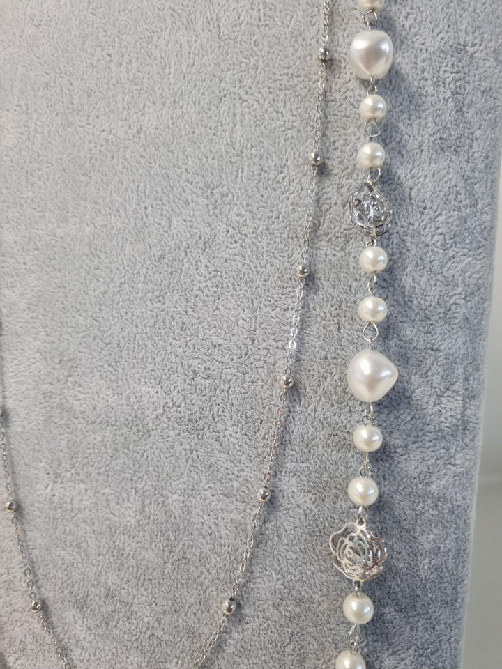 Pearl Necklace with Silver Camelia Flowers
