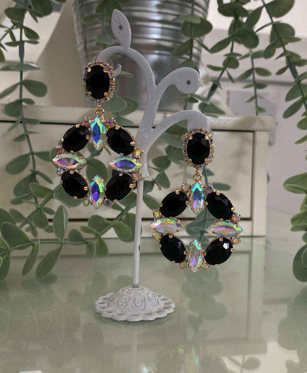 Crystal Dangle Earrings - Black/Clear (Gold Tone)