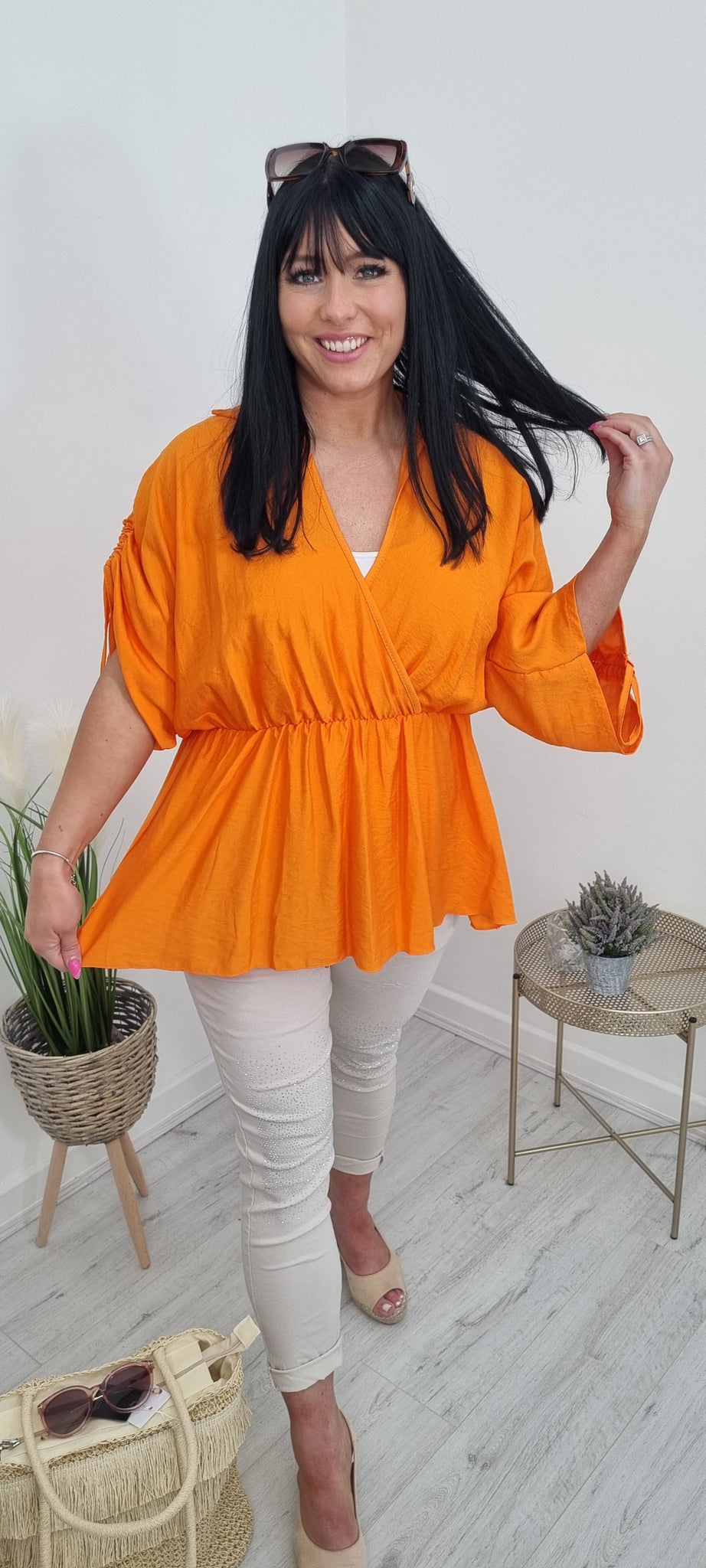 Sophie Ruched Sleeve  Blouse - Orange