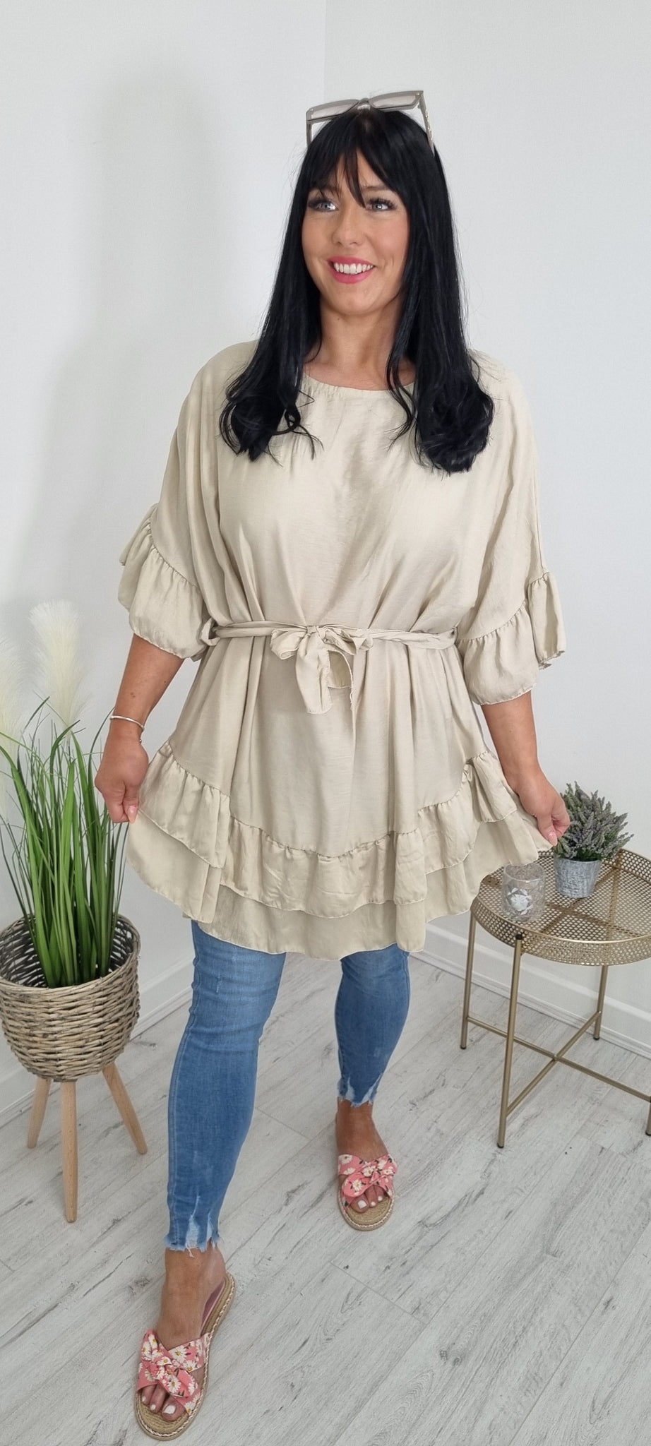 Bianca Frilled Belted Tunic Top - Latte