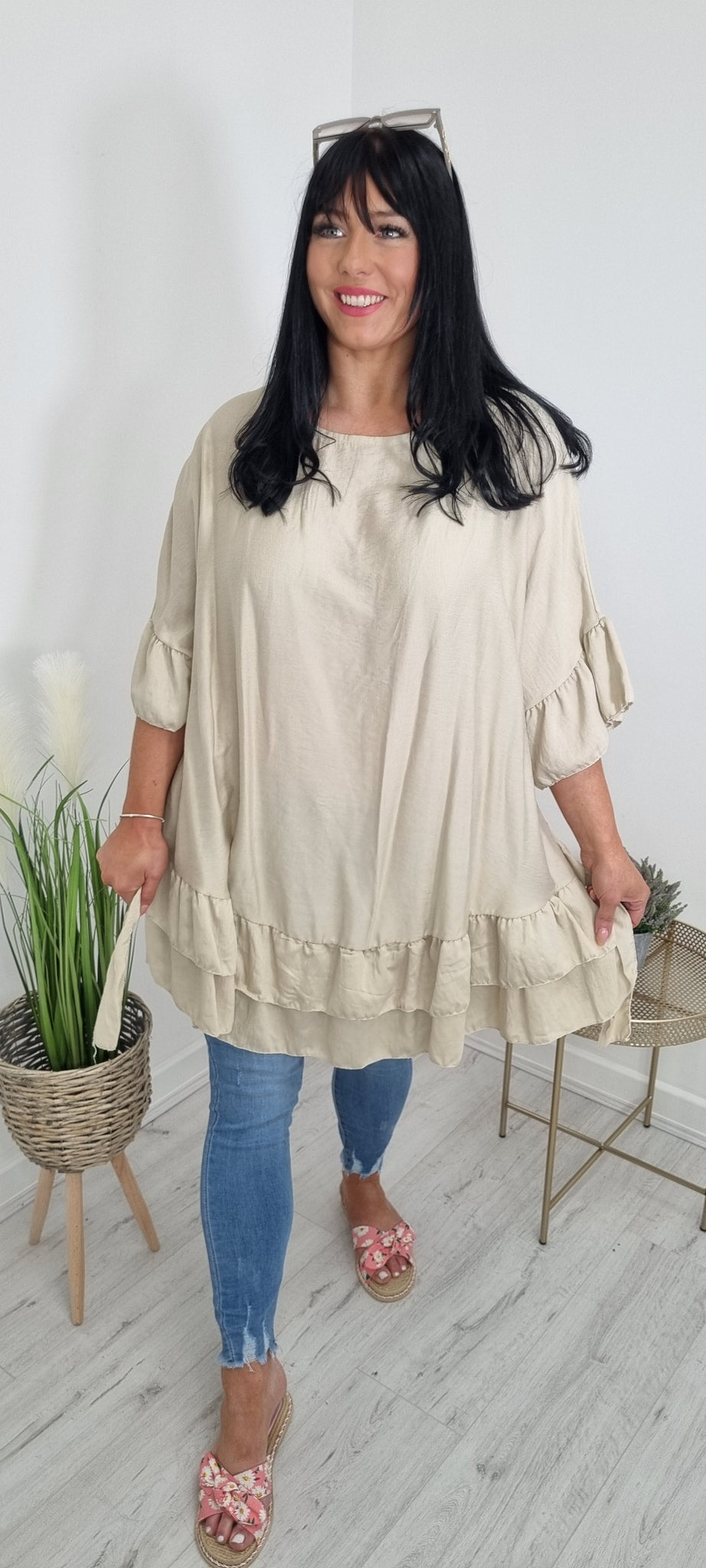 Bianca Frilled Belted Tunic Top - Latte
