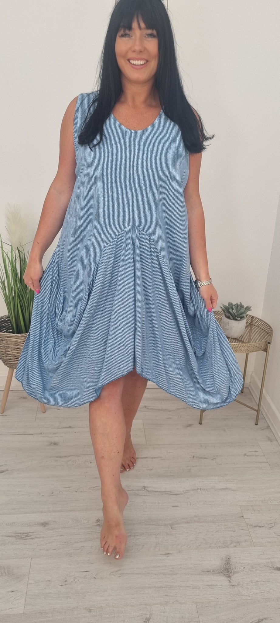 Naomi Pinstripe Parachute Dress - Denim Blue / White