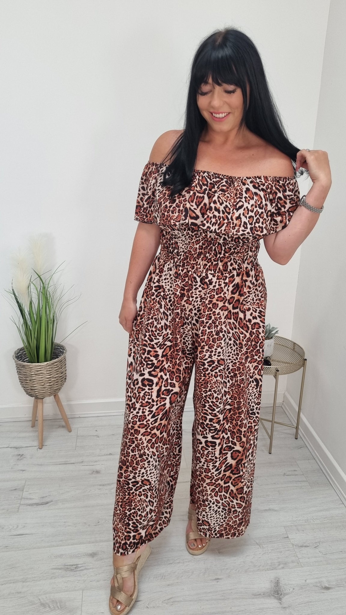 Leona Leopard Print Bardot Jumpsuit - Brown (Curvy)