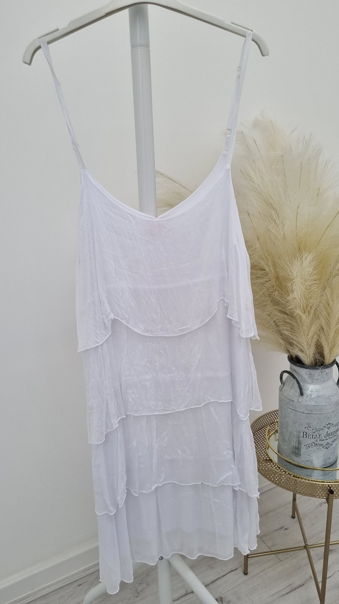 Portofino Silk Frilled Strappy Dress - White