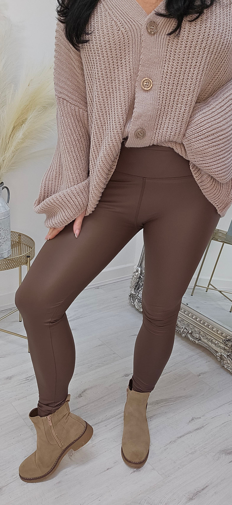 Lara Leather Look PU Leggings - Chocolate (all Sizes)