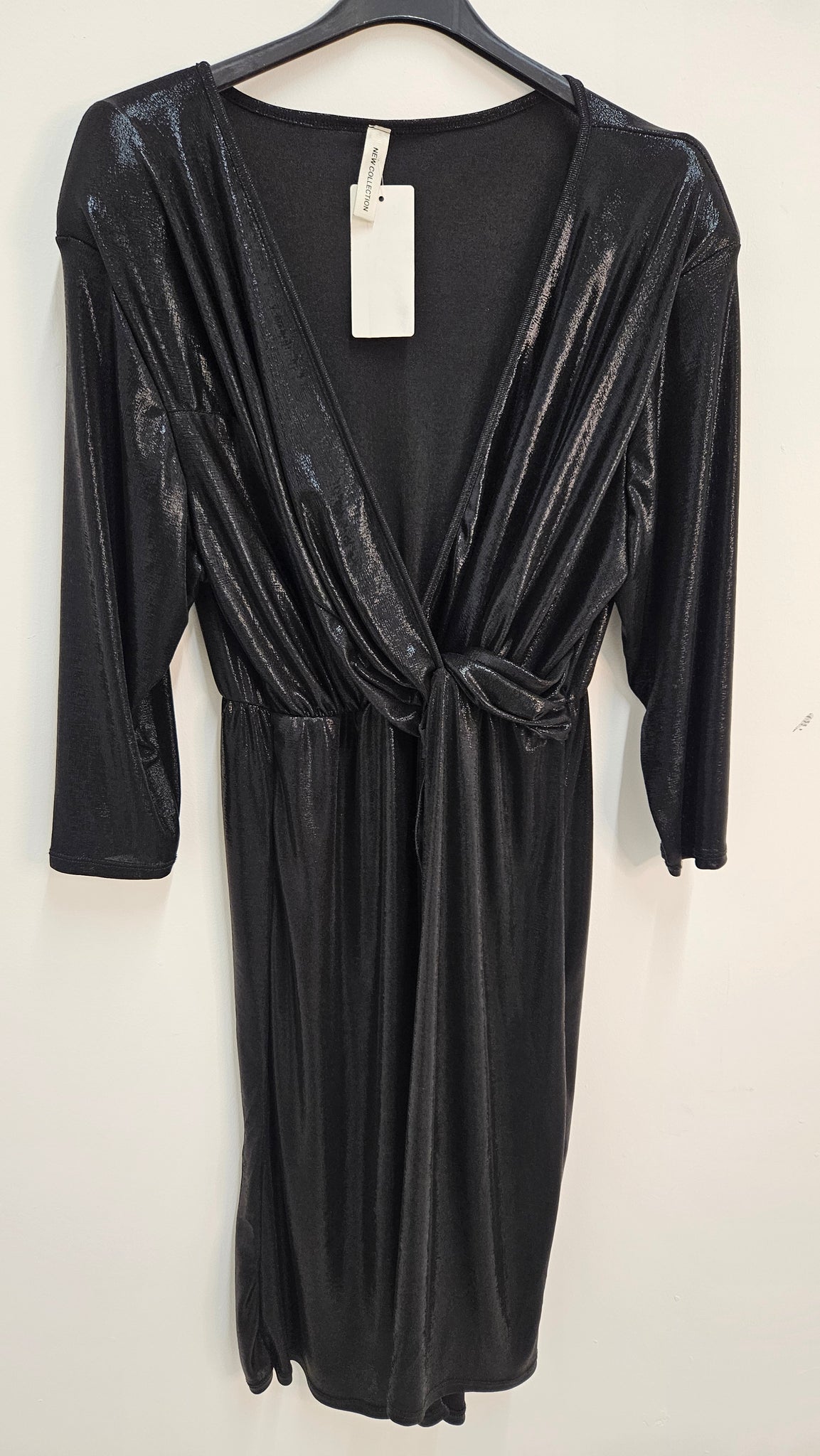 Macy Metallic Drape Dress - Black (Curvy)