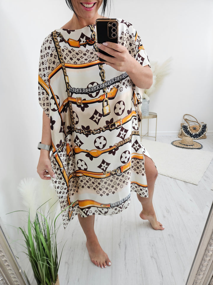 Portofino Silk Kaftan Dress -  Cream & Orange