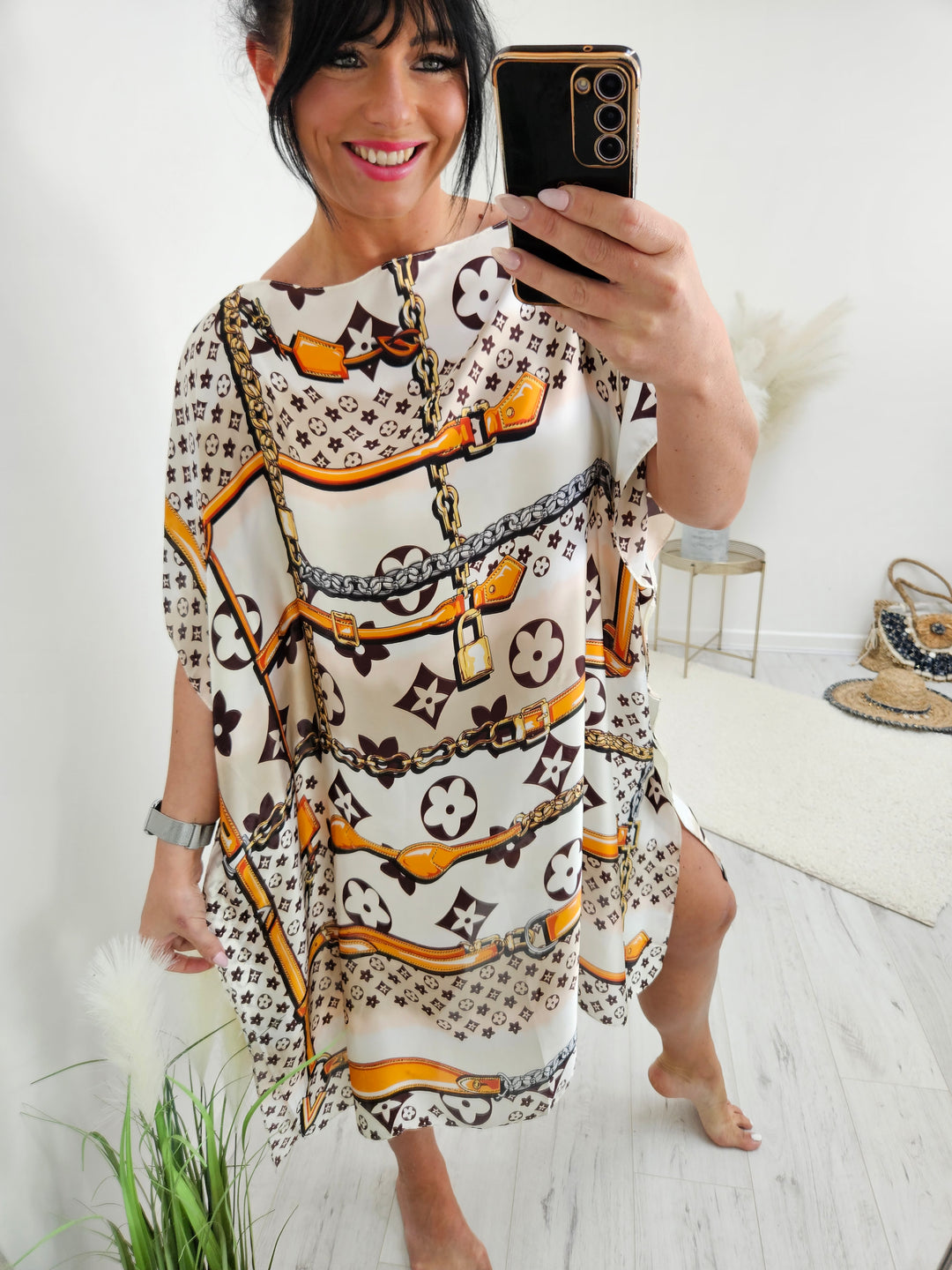 Portofino Silk Kaftan Dress -  Cream & Orange