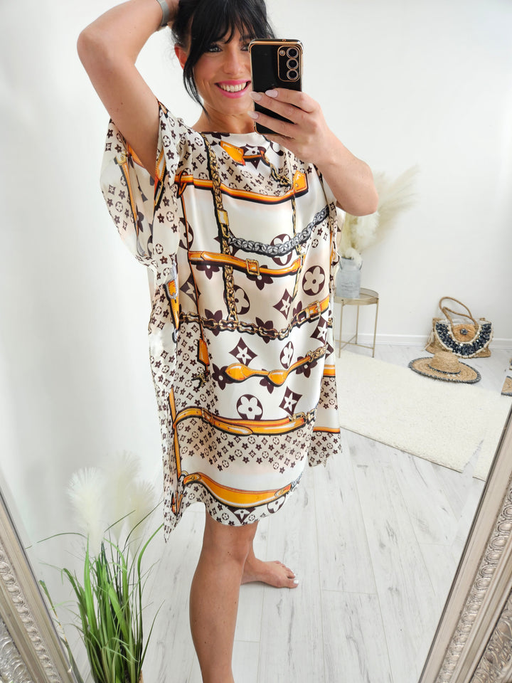 Portofino Silk Kaftan Dress -  Cream & Orange