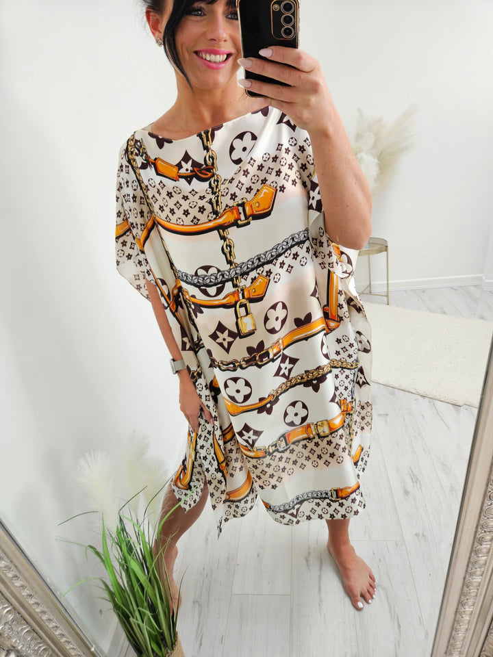 Portofino Silk Kaftan Dress -  Cream & Orange