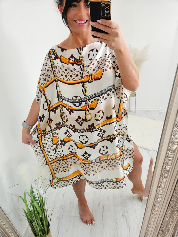 Portofino Silk Kaftan Dress -  Cream & Orange