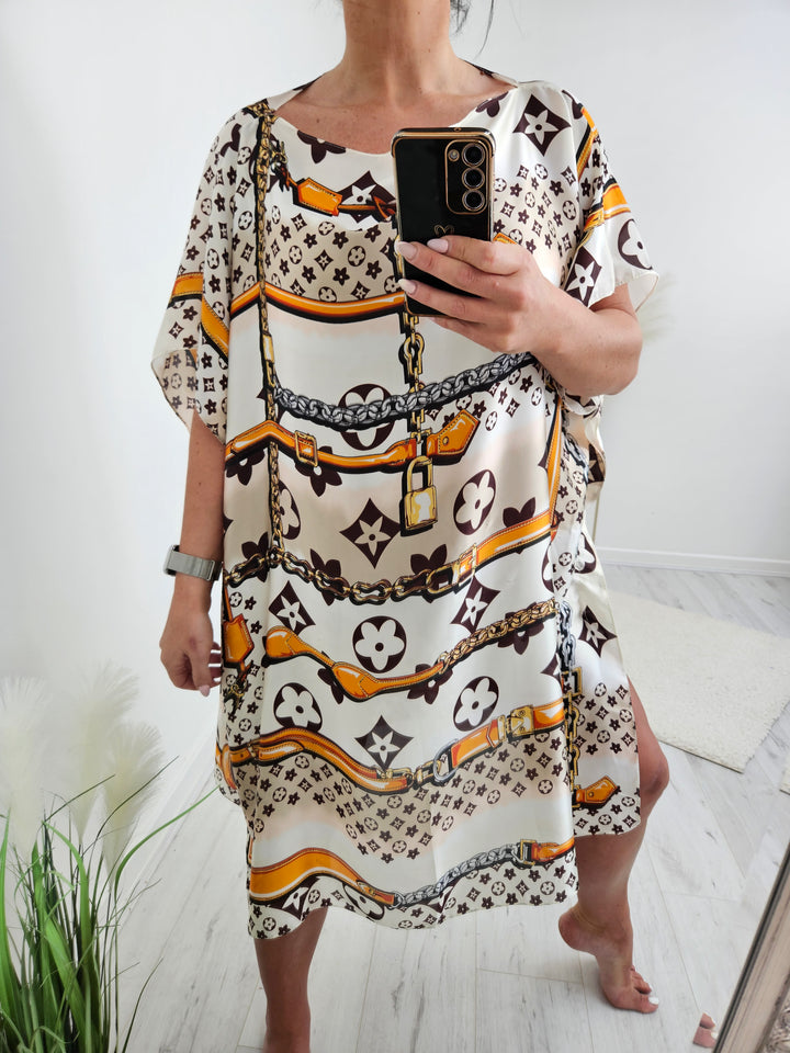 Portofino Silk Kaftan Dress -  Cream & Orange
