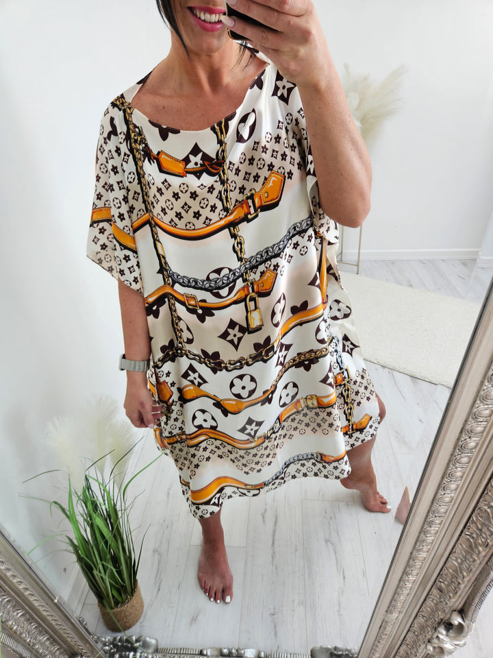 Portofino Silk Kaftan Dress -  Cream & Orange