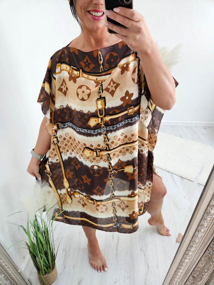 Portofino Silk Kaftan Dress - Brown/Gold