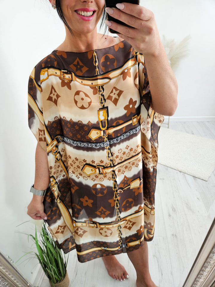 Portofino Silk Kaftan Dress - Brown/Gold