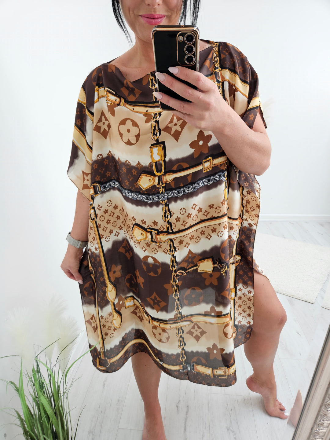 Portofino Silk Kaftan Dress - Brown/Gold