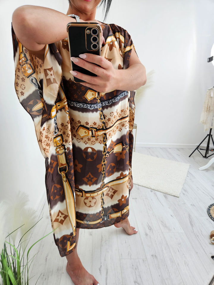 Portofino Silk Kaftan Dress - Brown/Gold