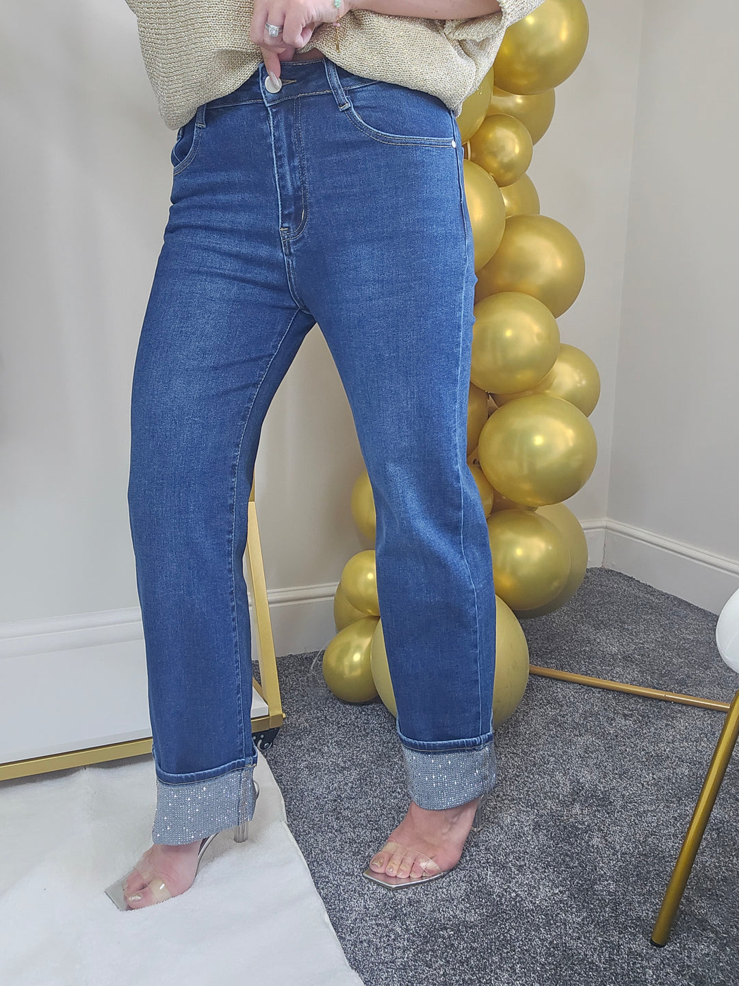 PRE-ORDER Aster Crystal Turn Up Wide Leg Jeans - (choose your Size)