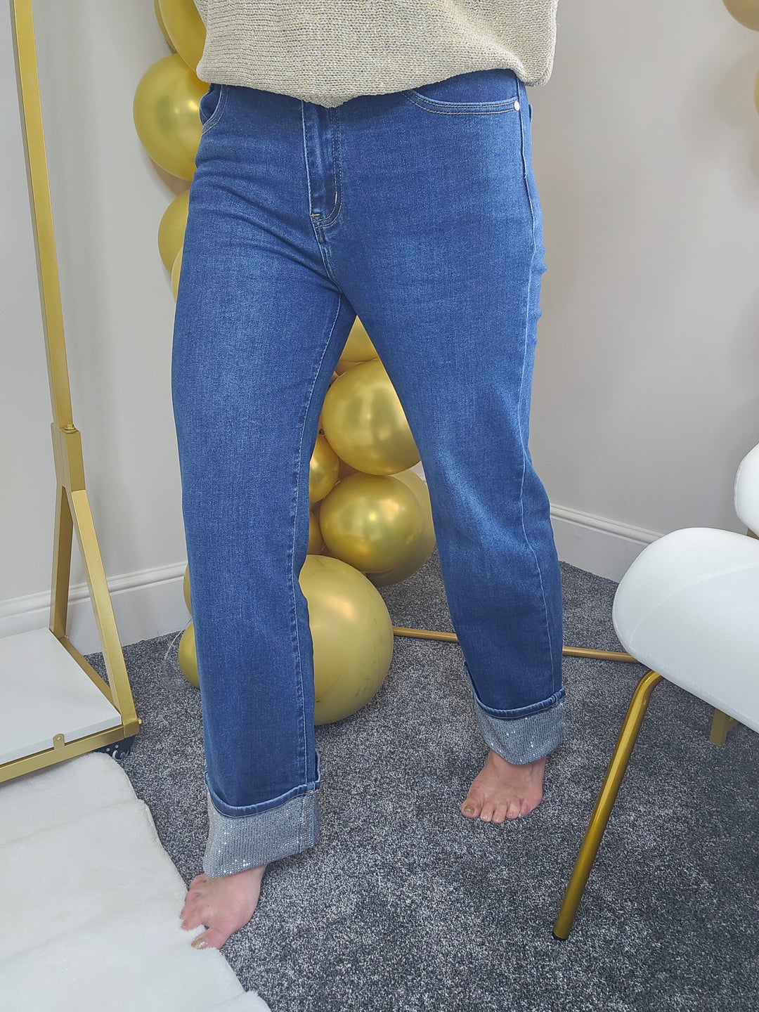 PRE-ORDER Aster Crystal Turn Up Wide Leg Jeans - (choose your Size)