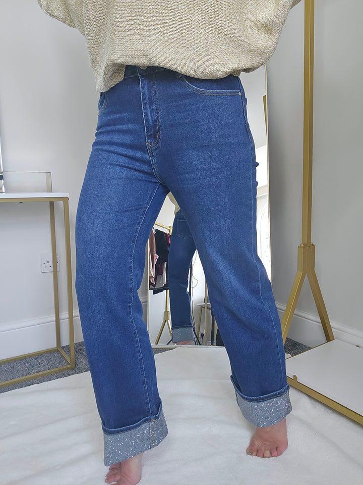 PRE-ORDER Aster Crystal Turn Up Wide Leg Jeans - (choose your Size)
