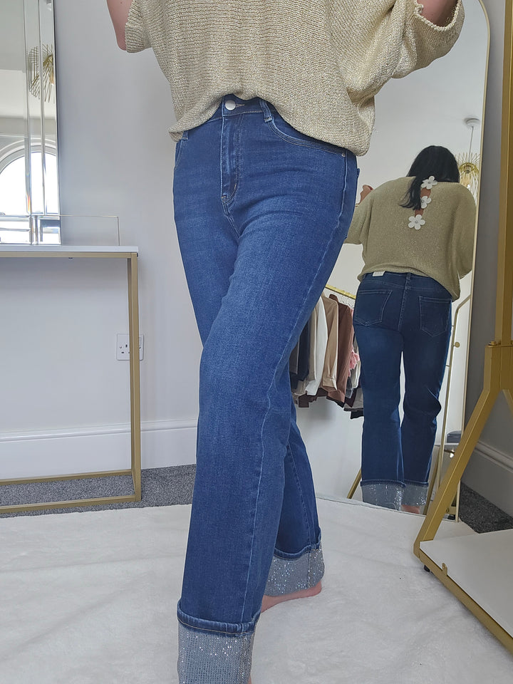 PRE-ORDER Aster Crystal Turn Up Wide Leg Jeans - (choose your Size)