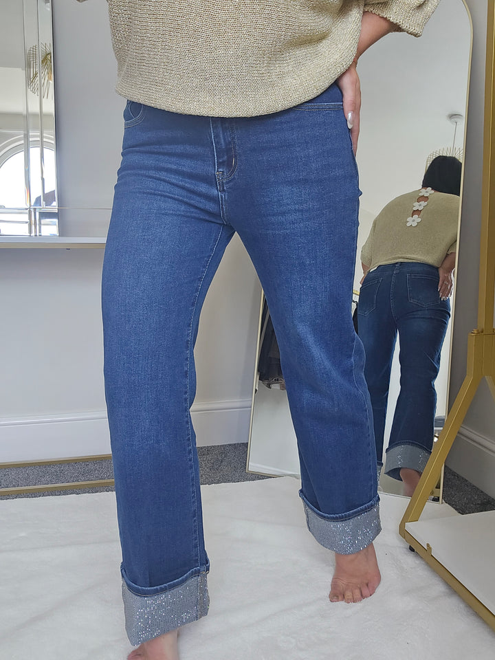 PRE-ORDER Aster Crystal Turn Up Wide Leg Jeans - (choose your Size)