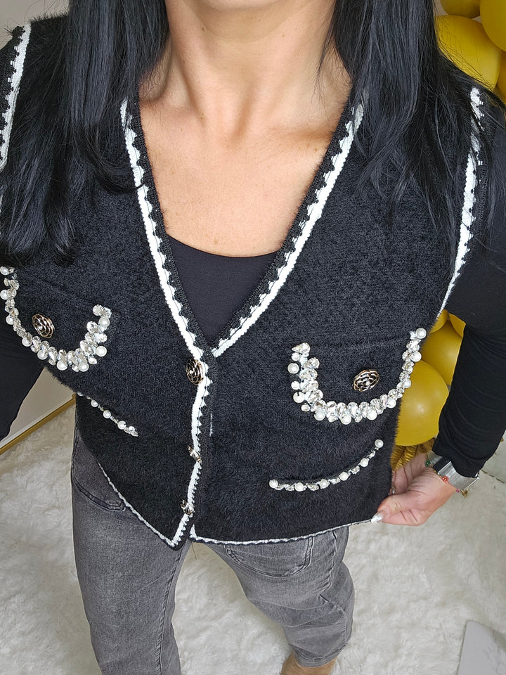 Coco Pearl & Crystals Waistcoat - (One Size, fits from Size 8/10 up to Size 14) - Black/Winter White
