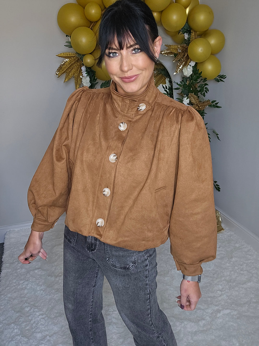 Shelby Suedette Puffball Jacket - Tan (One Size - fits 10 to Size 16)