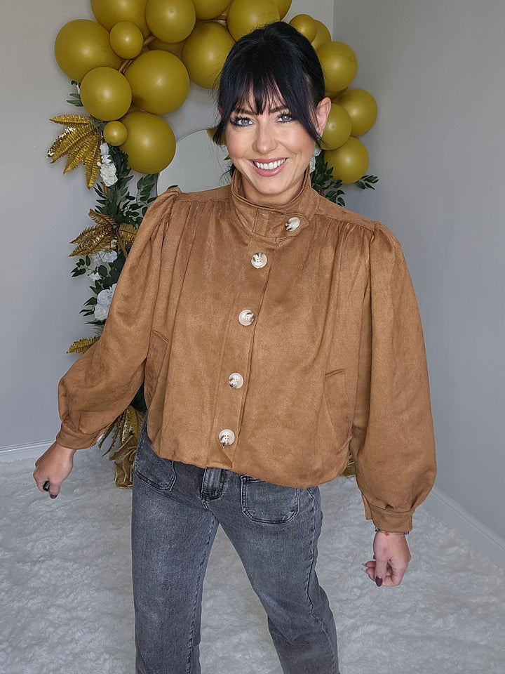 Shelby Suedette Puffball Jacket - Tan (One Size - fits 10 to Size 16)