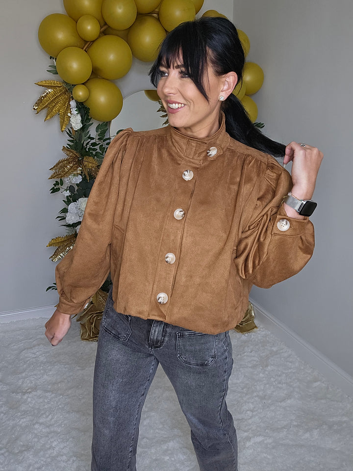 Shelby Suedette Puffball Jacket - Tan (One Size - fits 10 to Size 16)