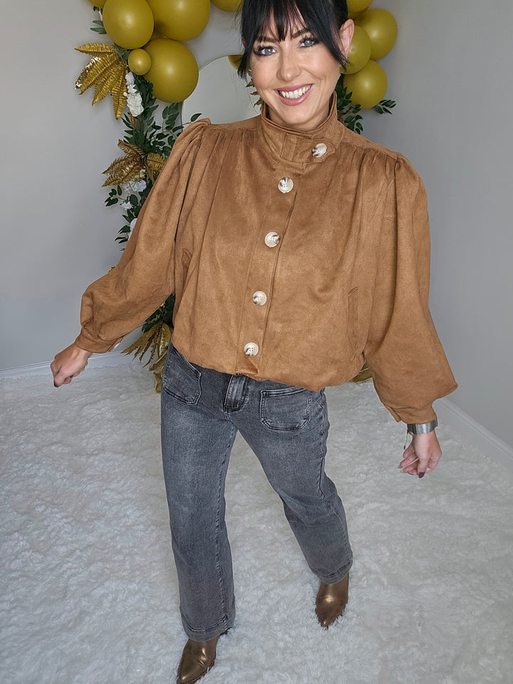 Shelby Suedette Puffball Jacket - Tan (One Size - fits 10 to Size 16)