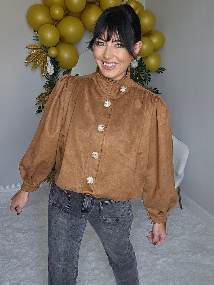 Shelby Suedette Puffball Jacket - Tan (One Size - fits 10 to Size 16)