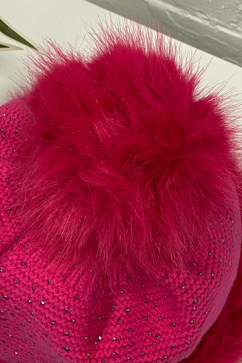 Oslo Crystal Pom Pom Hat - Hot Pink
