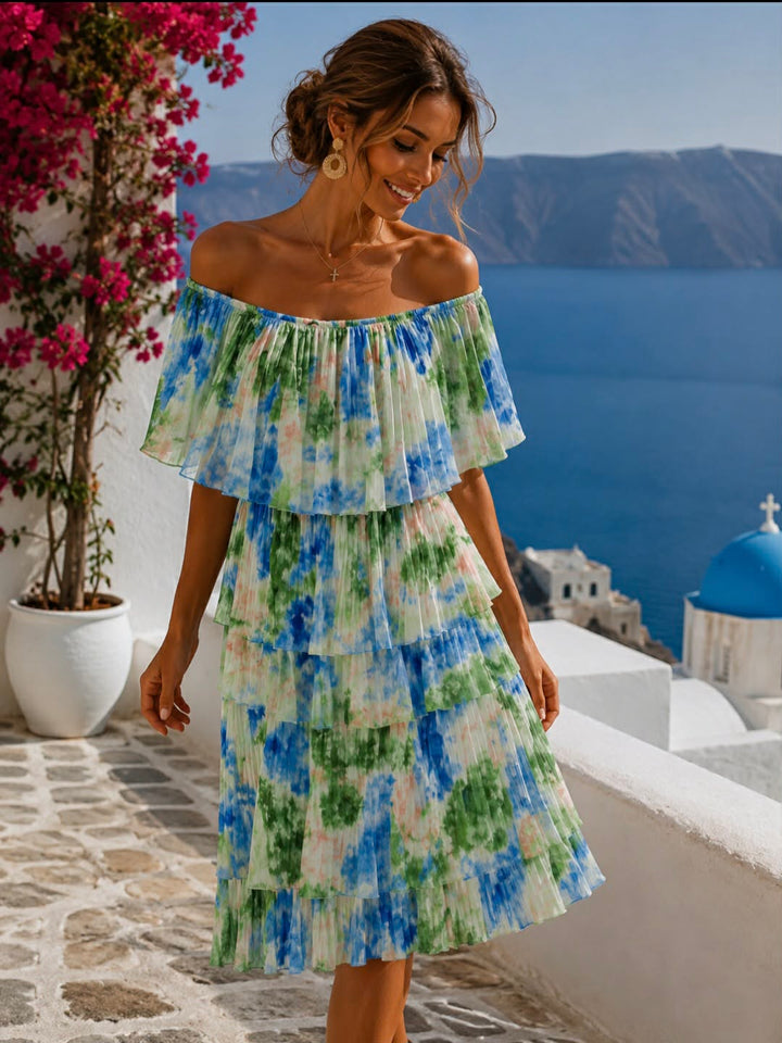 Bonita Bardot Pleated Dress - Green Multi - (CHOOSE YOUR SIZE)